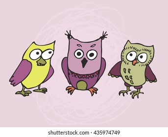 Three funny owls