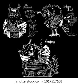 Three funny owls white illustration on a black background