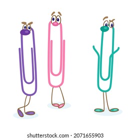 Three funny paper clips. In cartoon style. Isolated on white background. Vector illustration.