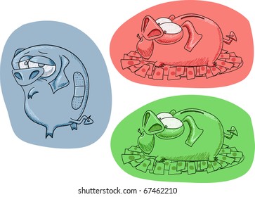 Three funny piggy banks in different color