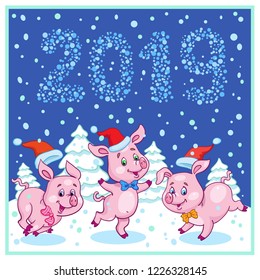 Three funny piglets - the symbols of the new year are dancing in a snowy meadow.