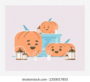 Three funny pumpkins with a grave and candles on gray background in a cartoon style. Retro style vector illustration