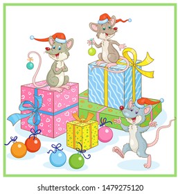 Three funny rats among colorful gift boxes and glass balls. In cartoon style. Isolated on a white background. New Year card. Vector illustration.