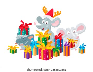 Three funny rats surrounded by gift boxes. The symbol of the Chinese 2020 year. Holiday card. Vector illustration on white background.