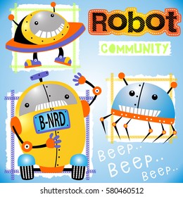Three funny robots in action, vector cartoon illustration. Eps 10