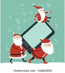 Three funny Santas holding huge brand new smartphone