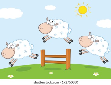 Three Funny Sheep Jumping Over A Fence. Vector Illustration