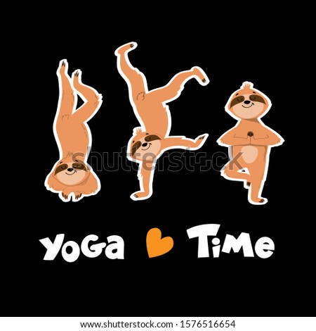 Three funny sloths in a yoga pose on a black background