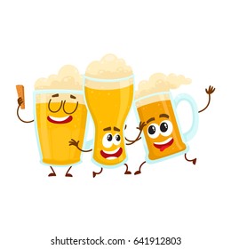 Three funny smiling beer glass and mug characters, friends having fun, dancing together, cartoon vector illustration isolated on white background. Cute and funny beer mug and glass characters, mascots