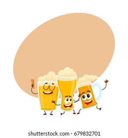 Three funny smiling beer glass and mug characters, friends having fun, dancing together, cartoon vector illustration with space for text. Cute and funny beer mug and glass characters, mascots