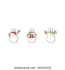 three funny snowmen with colored scarves isolated on white background