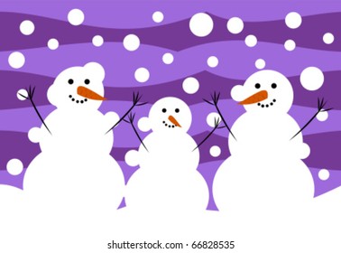 Three funny snowmen. Winter illustration