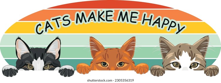 Three funny spying cats. Cats make me happy. Vector