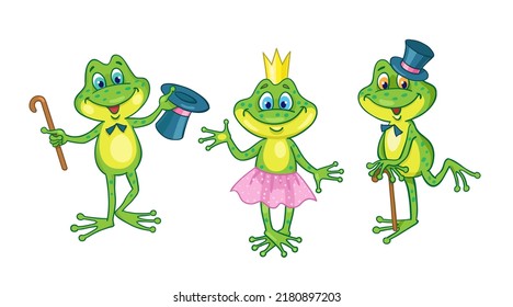 Three funny trendy frogs. In cartoon style. Isolated on white background. Vector illustration.