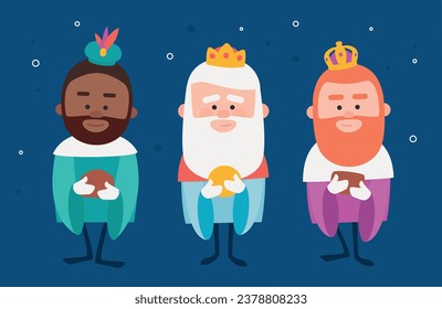 Three funny wise men. Kings of orient on yellow background