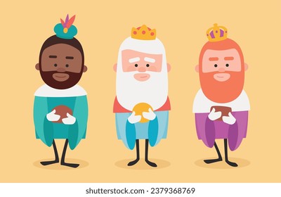 Three funny wise men. Kings of orient on yellow background