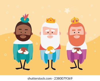 Tres sabios y graciosos hombres. Reyes de orientación sobre fondo amarillo. Vectores de Navidad