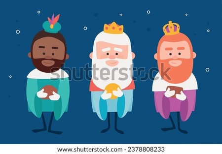 Three funny wise men. Kings of orient on yellow background