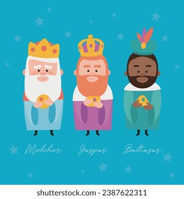 Three funny wise men. Names of Kings of orient written in spanish. Chritsmas postal