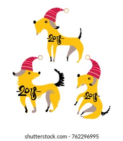 Three funny yellow dogs In red festive caps. Cartoon puppies illustration. Hand drawn year of the dog 2018.
