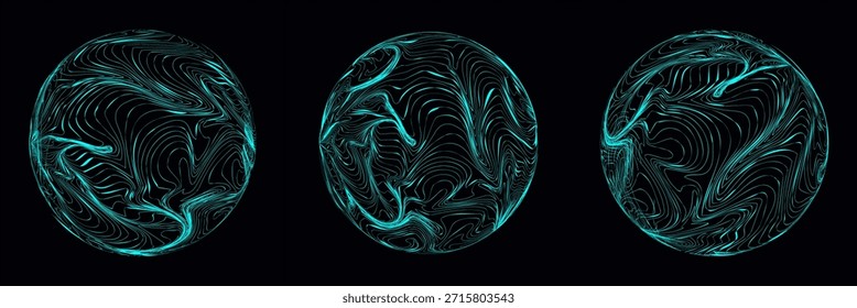 Tres esferas azules futuristas flotan en un vacío oscuro mostrando intrincadas líneas topográficas que evocan energía digital y movimiento fluido para los entusiastas de la tecnología que buscan Elementos de diseño abstractos modernos