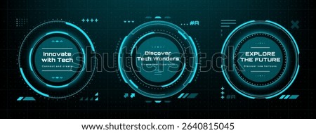 Three futuristic circles with text on a dark grid background, head-up display vector graphics for web design.