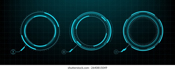 Three futuristic head up display vector graphic elements. High tech digital interface concept for cyber security and user experience.