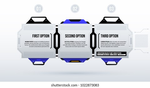 Three futuristic options in clean hi-tech/techno style on white background