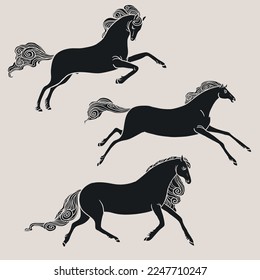 Three galloping horses. Vector hand drawn illustration