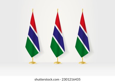 Three Gambia flags in a row on a golden stand, illustration of press conference and other meetings. Vector illustration.