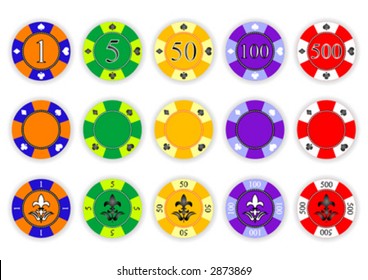 Three gambling, casino and poker chips set with five different colors over white background