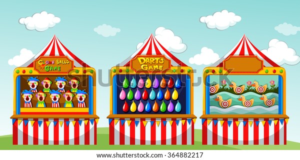 Three game\
boothes at the circus\
illustration