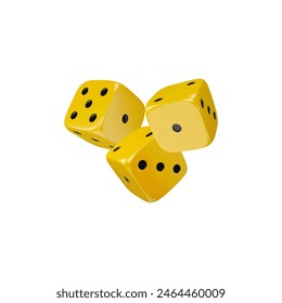 Tres dados de juego que caen icono de Vector 3D realista. Cubos amarillos con puntos negros representan la ilustración aislada. Diseño de volumen de juegos de azar. Casino y apuestas, dados y póquer, juegos de mesa o de mesa