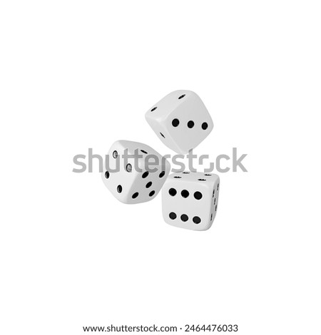 Three game dice falling realistic 3d icon. White cubes with black dots vector render illustration isolated. Gambling games volume design. Casino and betting, craps and poker, tabletop or board games