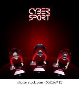 Three game players sitting at the curve table in front of computer. Top view. Vector participants of cyber sport tournament