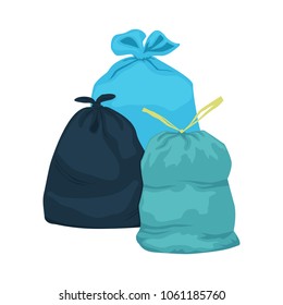 Three garbage bags of different colours isolated on white background. General waste vector illustration