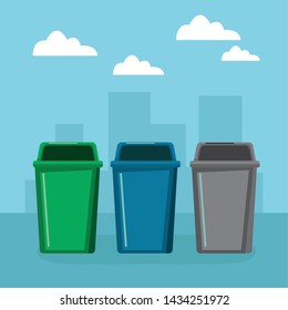 three garbage can icon cartoon outdoor with colorful cityscape silhouette with skyscraper and clouds vector illustration graphic design