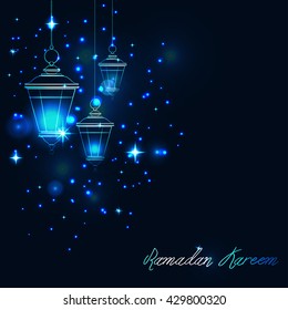 Three garden lanterns lightened at night with stars and flashes. For Ramadan Kareem, Eid Mubarak, muslim holiday greetings cards, invitations, web internet backdrops