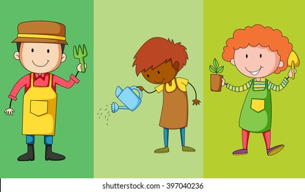 Three gardeners and their tools illustration