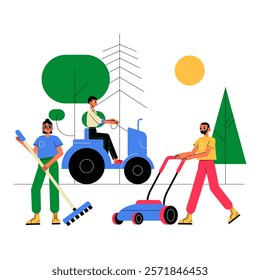 Three Gardeners With Tools And Equipment Working Outdoors In Flat Vector Illustration Symbolizing Teamwork In Gardening And Landscaping, Isolated On White Background