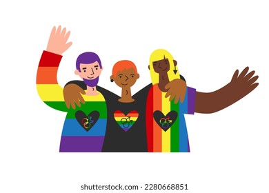 Three gay people of various skin colors hug with heart in flag colors and lgbt symbols. Homosexuals together celebrate queer pride month. Minorities bipoc rights. Awareness and visibility flat vector.