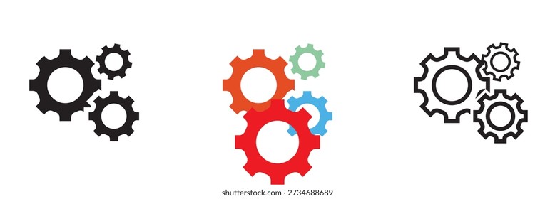 Three Gear Icons Set for System Settings. Multiple gear icons in black outline and colorful styles, representing settings, configuration, teamwork, and technical process technology development. 