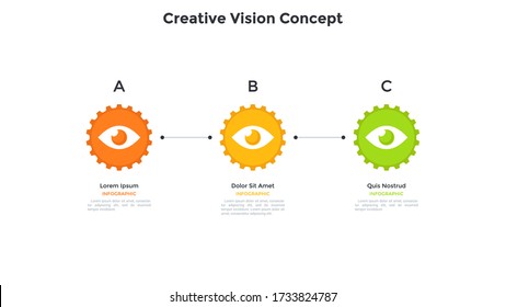Tres ruedas de engranajes con ojos en el interior colocados en fila horizontal y conectados por línea. Concepto de 3 características de visión creativa. Plantilla sencilla de diseño infográfico. Ilustración vectorial plana moderna.