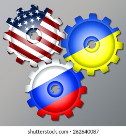 Three gear wheels, painted in the colors of the flag of Russia, Ukraine and the USA. Vector