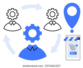 Three gear-headed figures with two arrows around them showing collaboration, a blue map marker, a mobile phone with a shopping cart, and a buy button. Ideal for e-commerce, teamwork, process flow