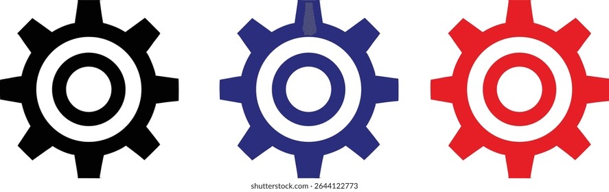 Three gears in black, blue, and red, each with a white circle in the center, on a white background.