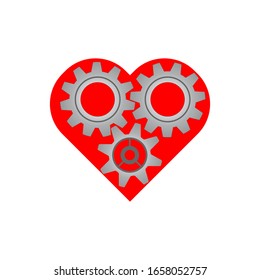 Three gears in the Heart. Robot Gear Machine Heart vector Icon, technology wheel red heart symbol.