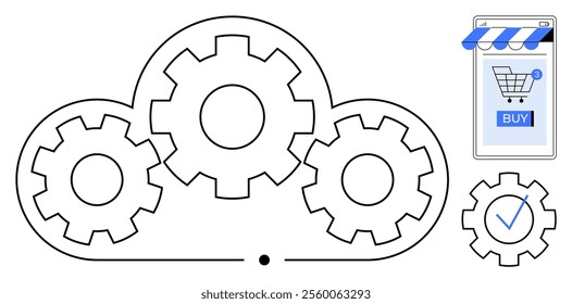 Three gears inside a cloud, with an e-commerce shopping cart icon featuring a Buy button and a checkmark symbol. Ideal for cloud computing, e-commerce systems, automation, online shopping, technology