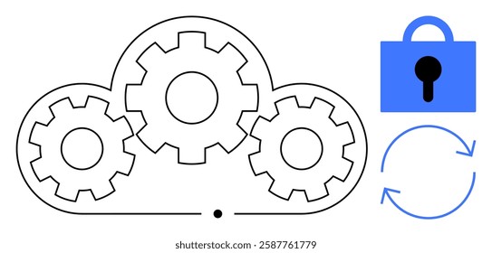 Three gears inside a cloud shape symbolize cloud computing. To the right, a blue lock and refresh symbol indicate security and synchronization. Ideal for cloud services, data management, technology