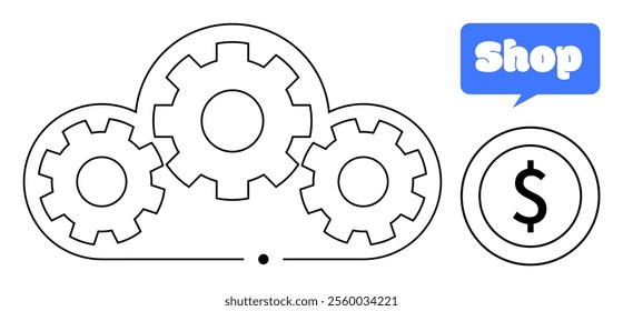 Three gears inside a cloud symbol represent cloud computing. A dollar sign coin and a blue shop sign highlight e-commerce. Ideal for digital economy, cloud technology, e-commerce, business solutions